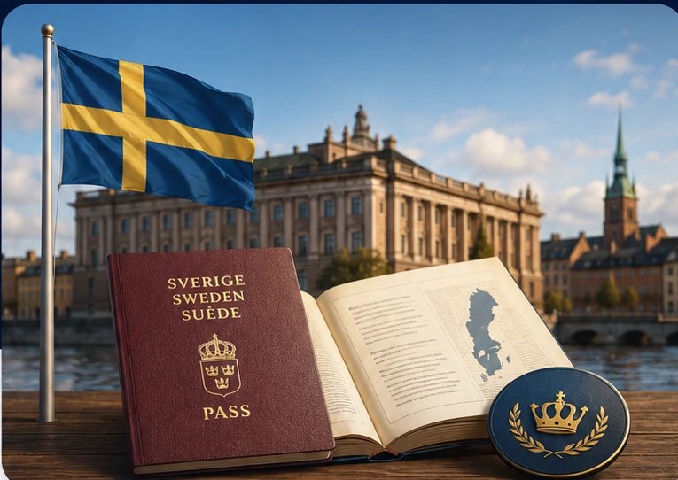Svensk flagga, pass och studiebok framför Stockholms stadsmiljö